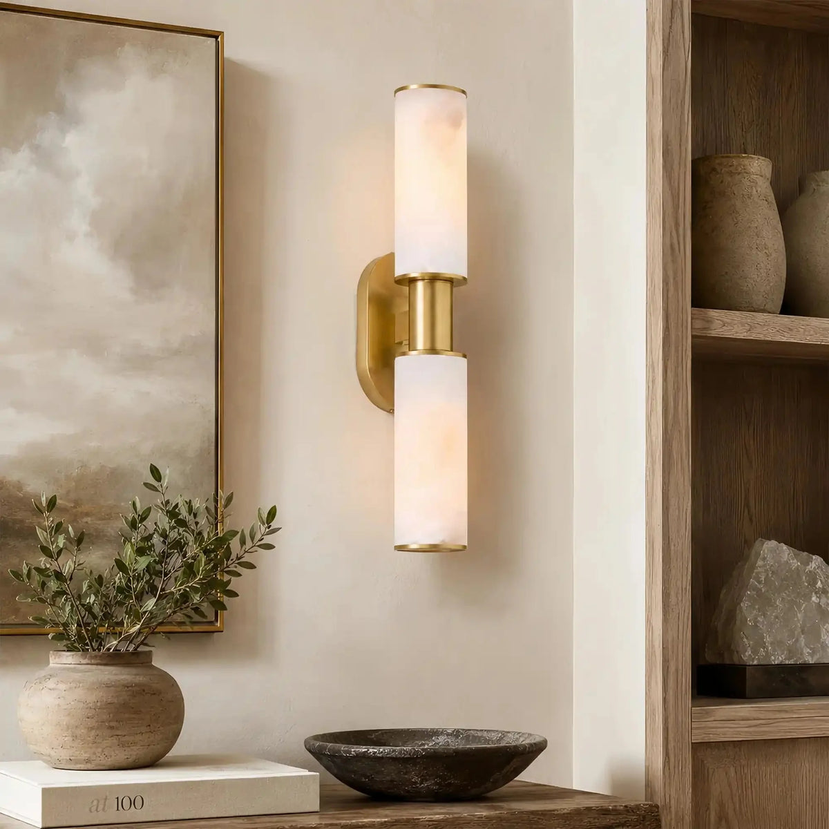 Hartley Alabaster 2-Light Wall Sconce - brass finish, modern home lighting