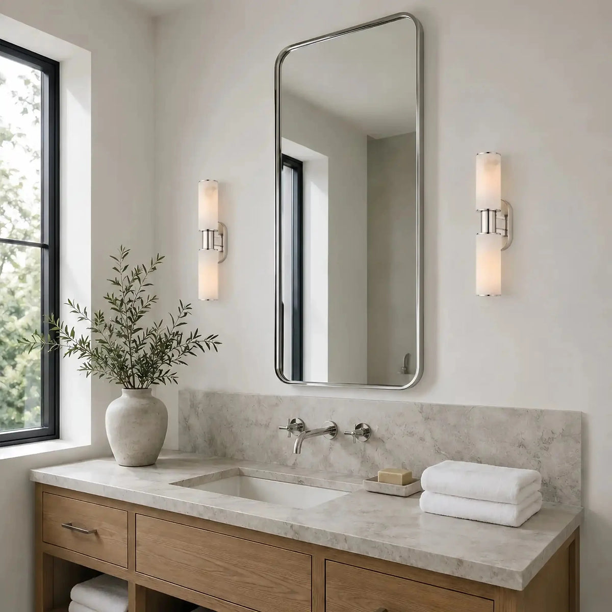 Hartley Alabaster 2-Light Wall Sconce - brass finish, modern home lighting