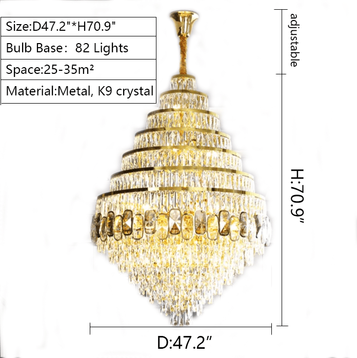 Honeycomb Shaped Ceiling Chandelier Extra Large Crystal Light Fixture For Foyer Staircase/ Entryway In Gold Finish - D47.2"*H70.9"/ 82 Lightscasivra