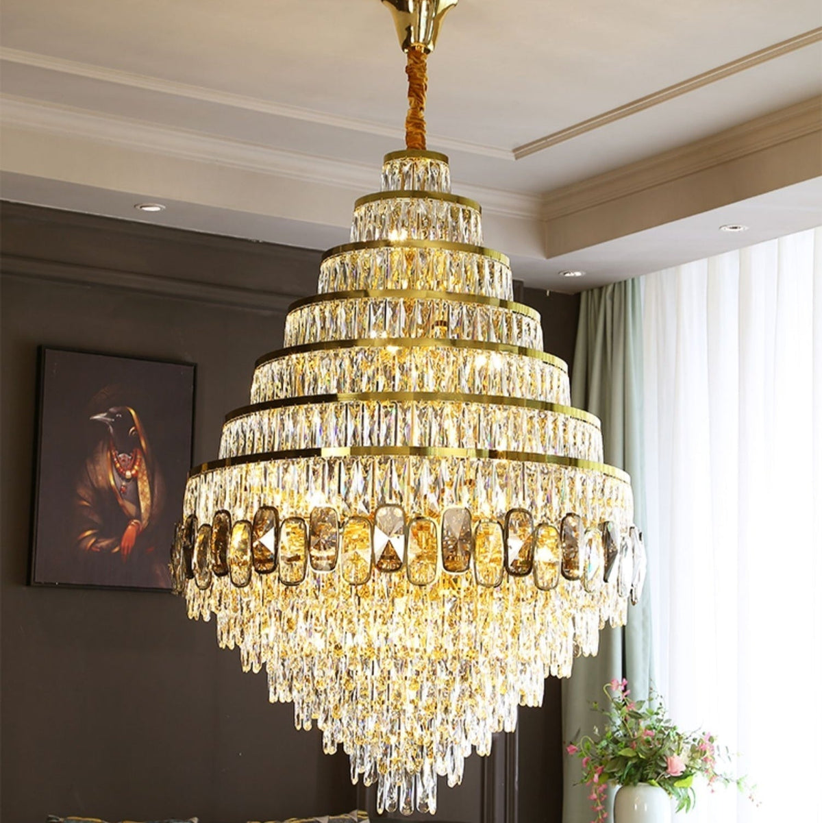 Honeycomb Shaped Ceiling Chandelier Extra Large Crystal Light Fixture For Foyer Staircase/ Entryway In Gold Finish - D39.4"*H61"/ 51 Lightscasivra
