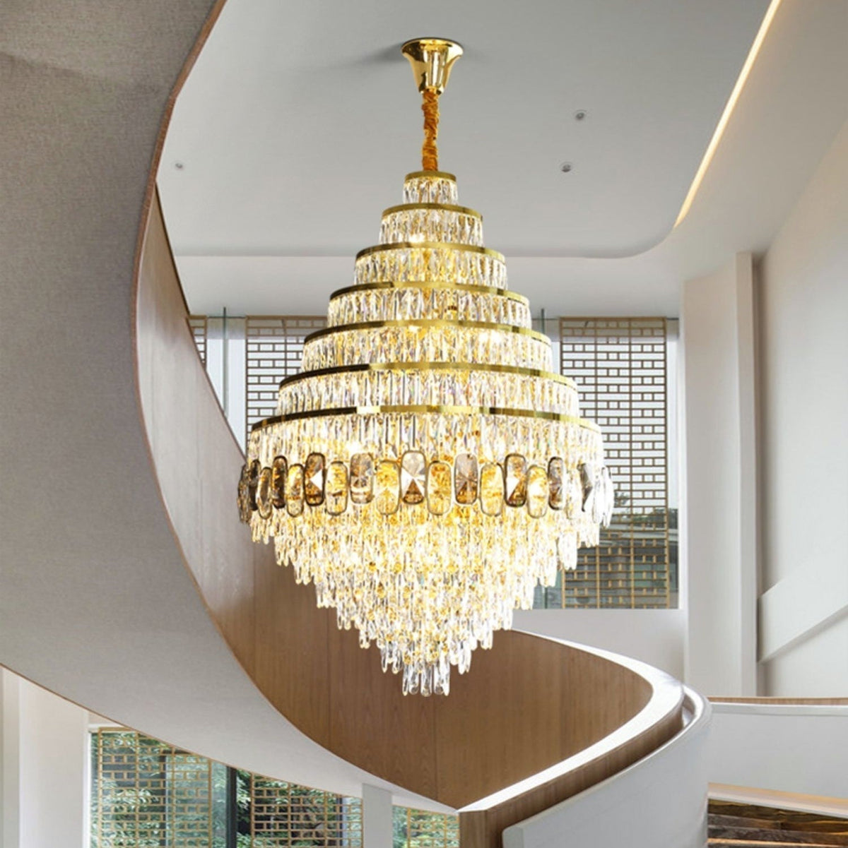 Honeycomb Shaped Ceiling Chandelier Extra Large Crystal Light Fixture For Foyer Staircase/ Entryway In Gold Finish - D31.5"*H47.2"/ 35 Lightscasivra