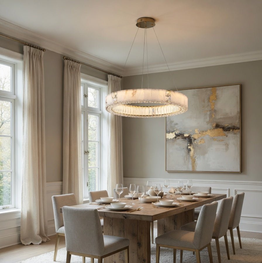 Stafford marble and crystal chandelier in Spanish stone over a dining table
