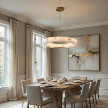 Stafford marble and crystal chandelier in Spanish stone over a dining table