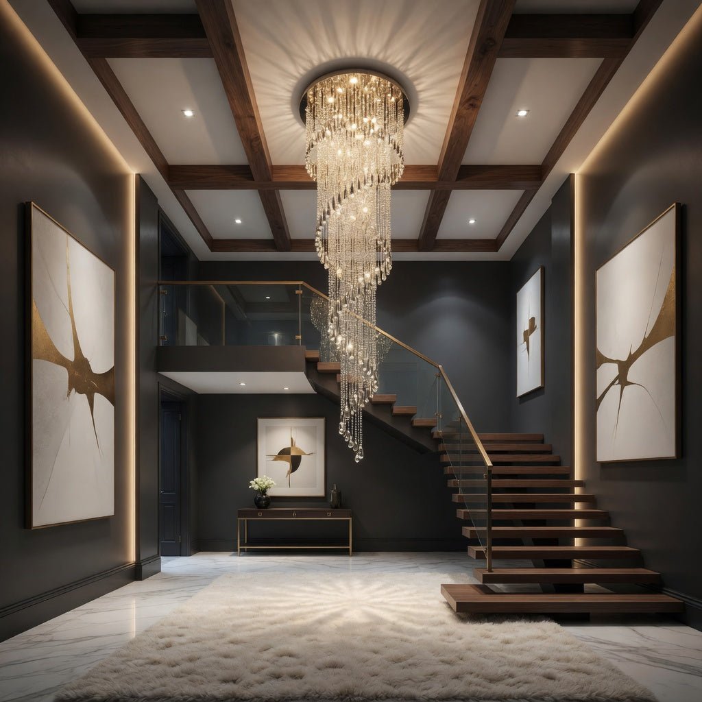 Cascara crystal staircase chandelier viewed from below