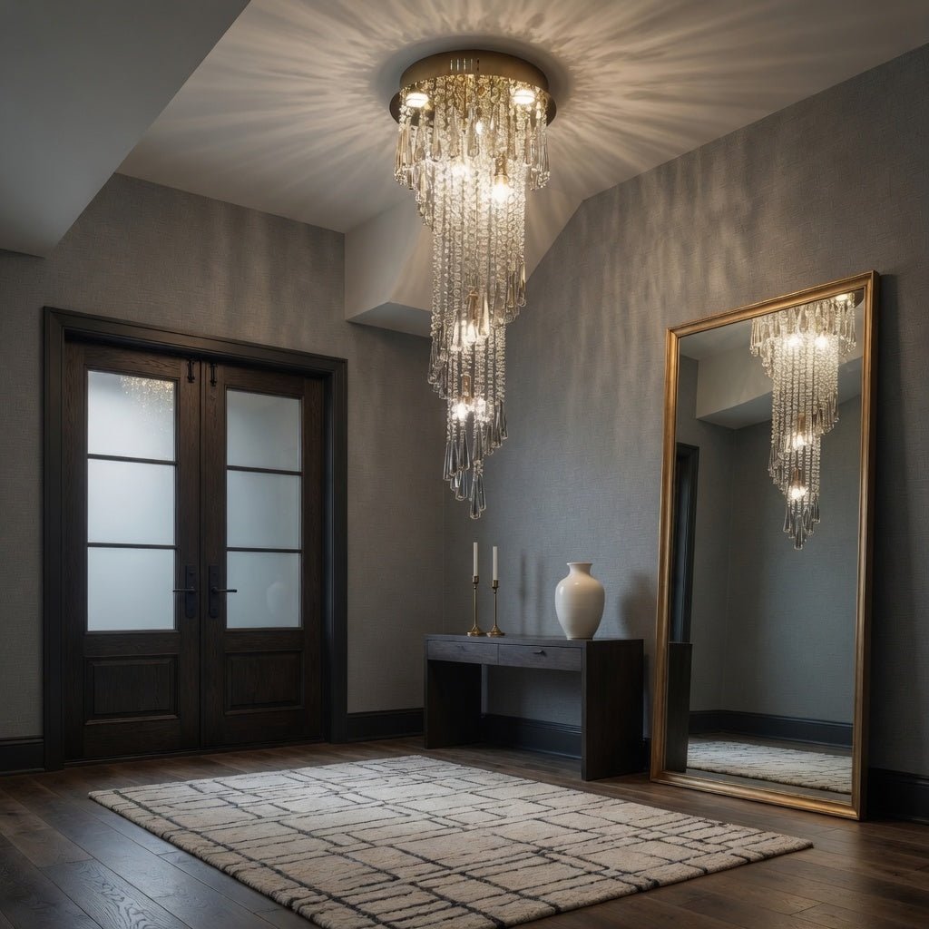 Cascara crystal chandelier illuminated in a stairwell