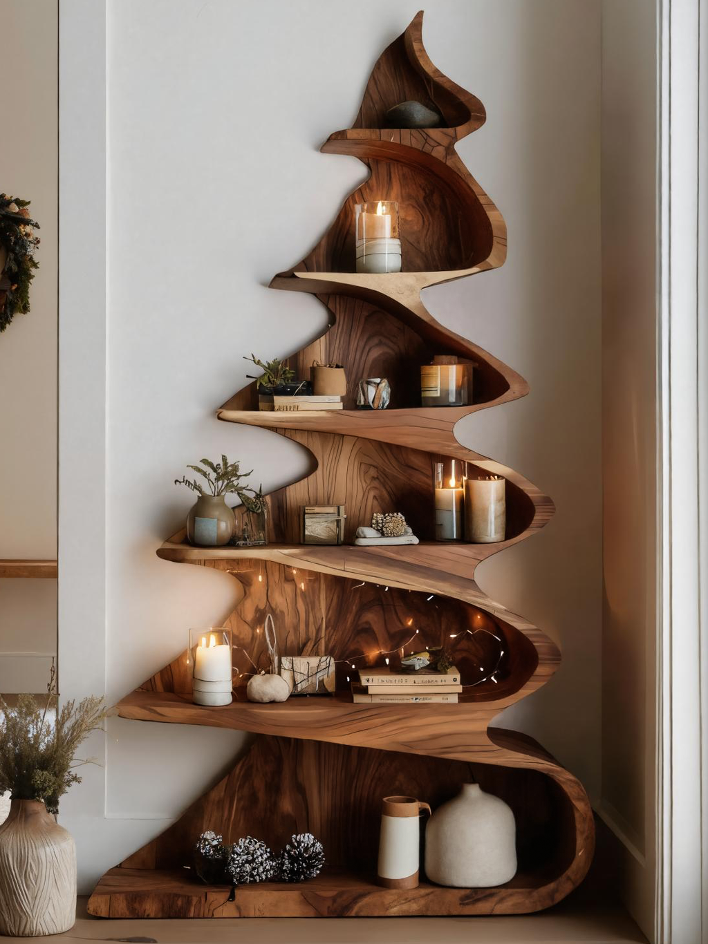 Rustic Handcrafted Christmas Tree Shelf For Holiday Display