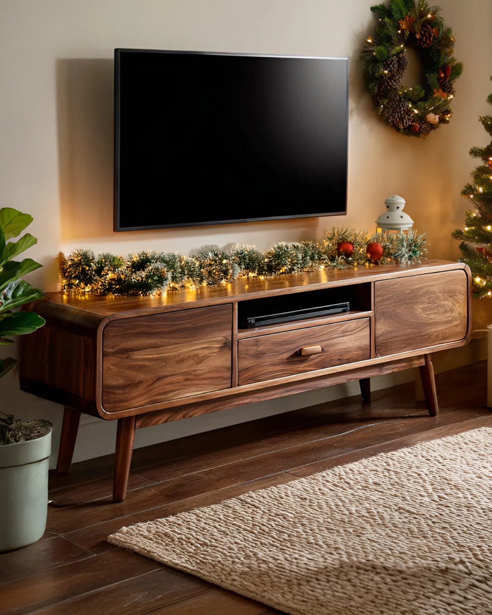 Mid-Century TV Console With Rounded Edge For Holiday Decor