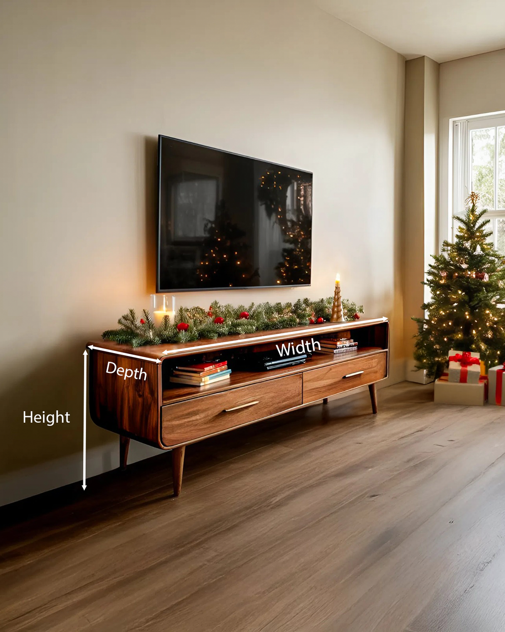 Mid-Century TV Console With Rounded Edge For Holiday
