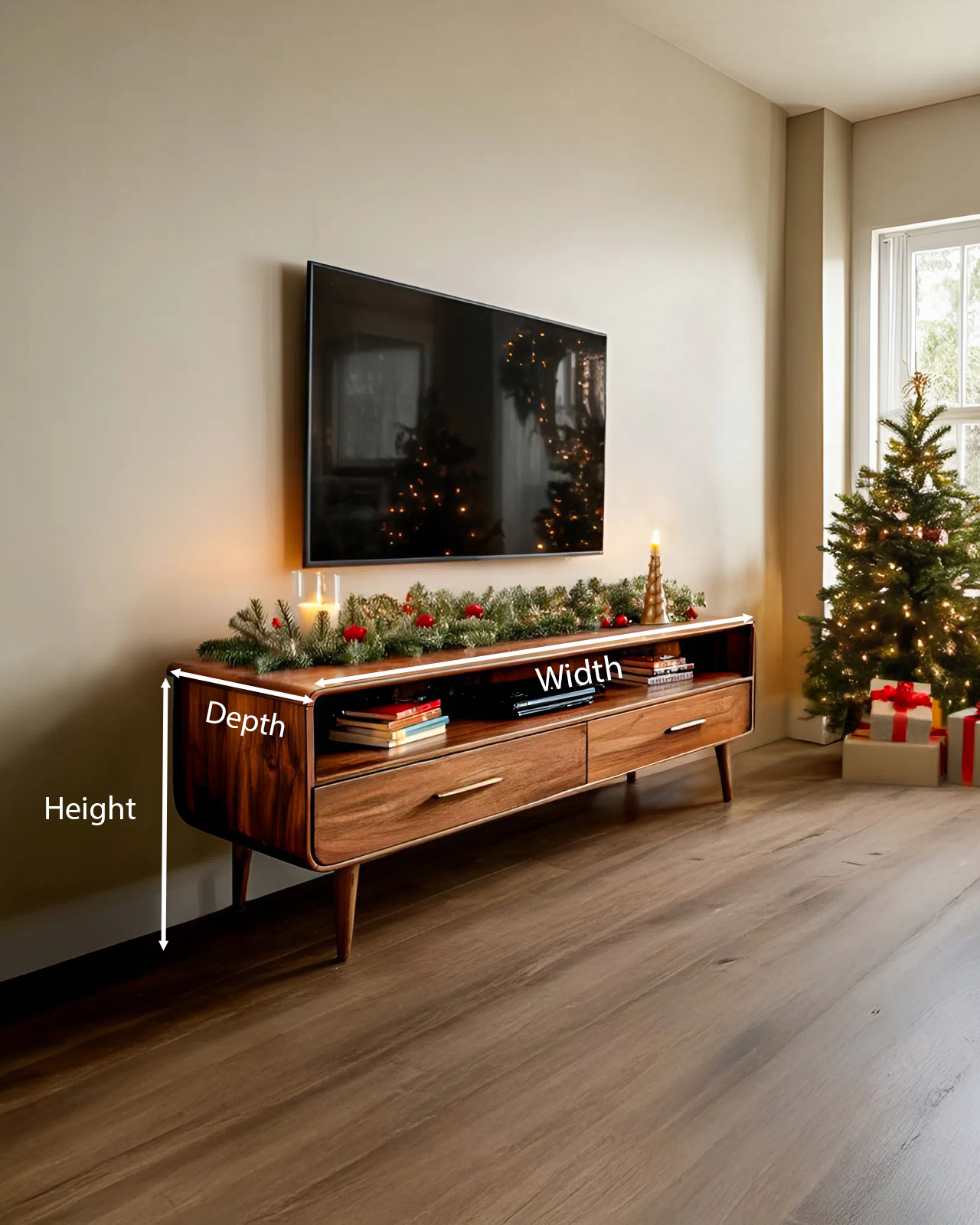 Mid-Century TV Console With Rounded Edge For Holiday