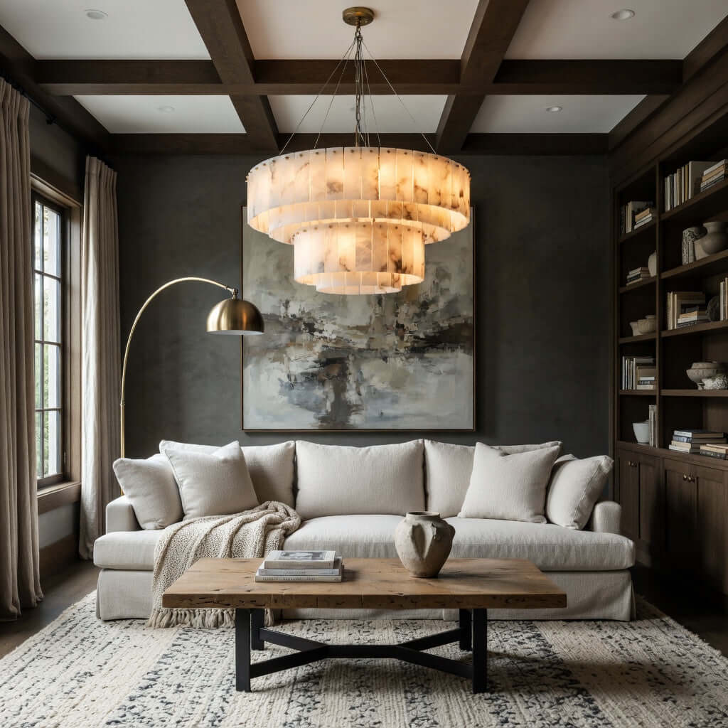 Oakley 31-inch layered marble chandelier in natural stone and brass