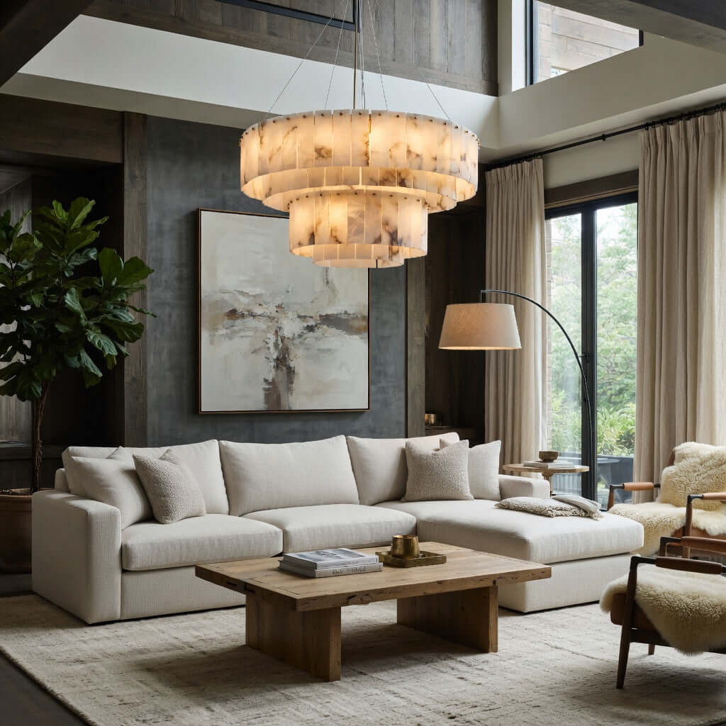 Detail of layered marble discs on the Oakley chandelier