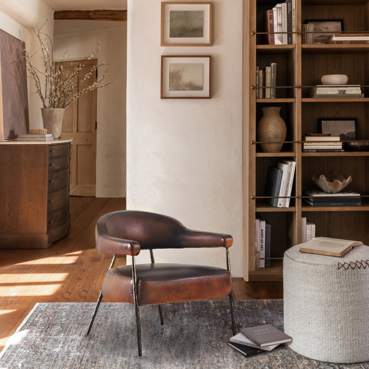 Hand-Forged Metal Brown Leather Lounge Armchair