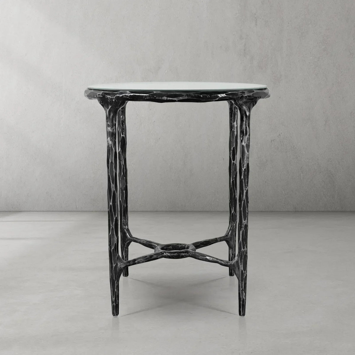 Hand-Forged Metal Glass Round Side Table 18" 22"