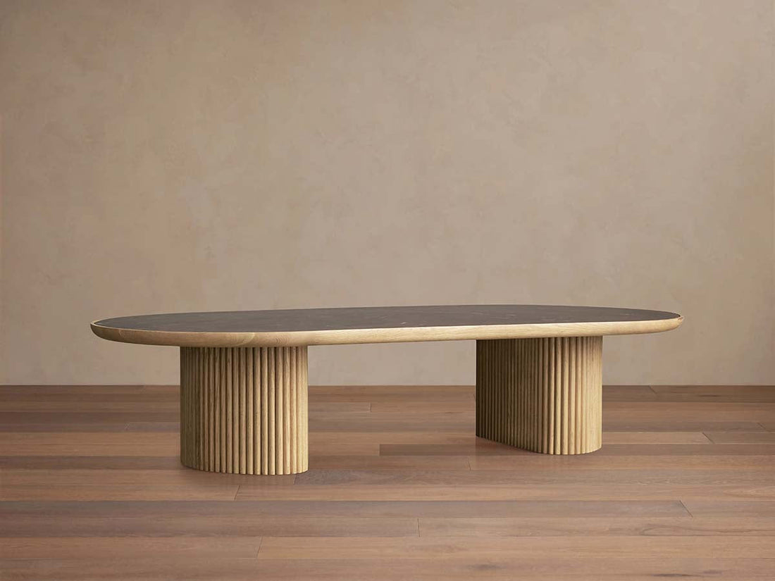 Astor Marble Top Coffee Table Oval Cocktail Table Wood Base Sofa Center Tea Table
