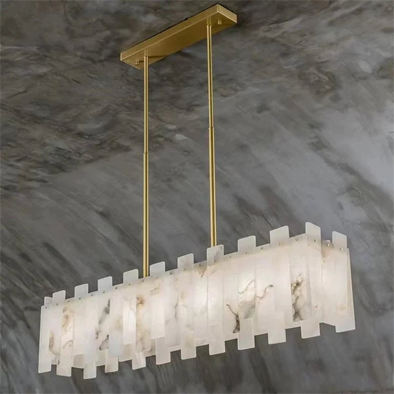 Jean Modern Marble Alabaster Linear Chandelier Over Dining Table - casivra