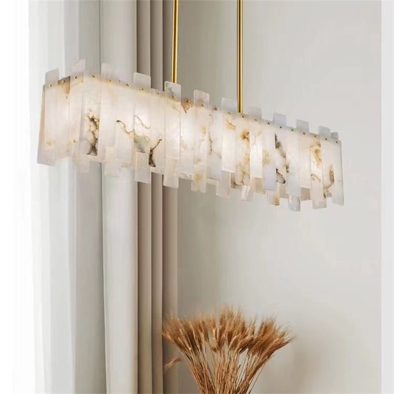 Jean Modern Marble Alabaster Linear Chandelier Over Dining Table - casivra