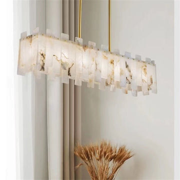 Jean Modern Marble Alabaster Linear Chandelier Over Dining Table - casivra