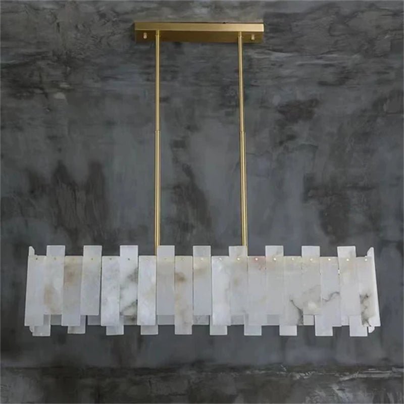 Jean Modern Marble Alabaster Linear Chandelier Over Dining Table - casivra