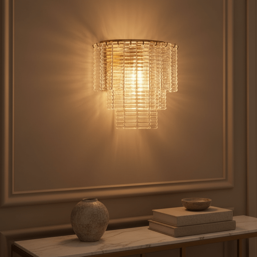 Palermo glass and crystal wall sconce above a console