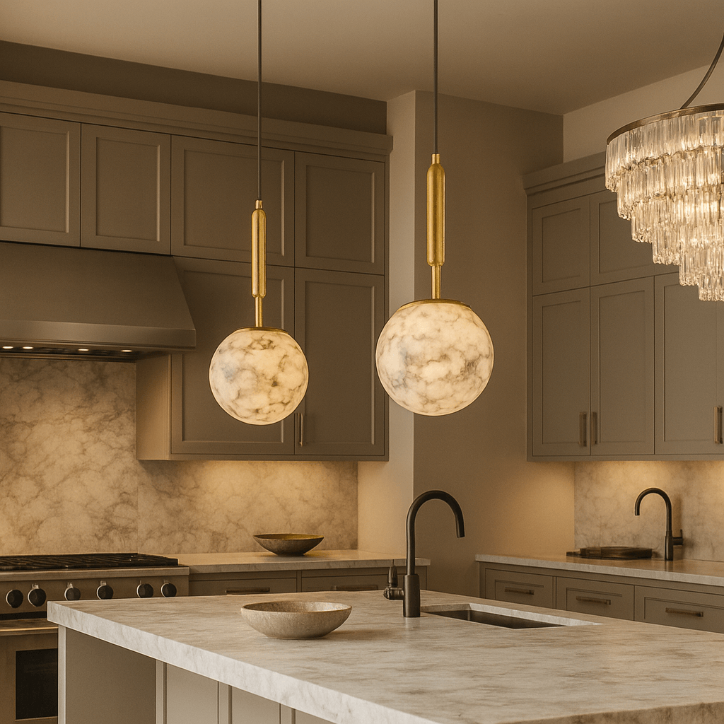 Solara marble orb pendant illuminated with a soft glow