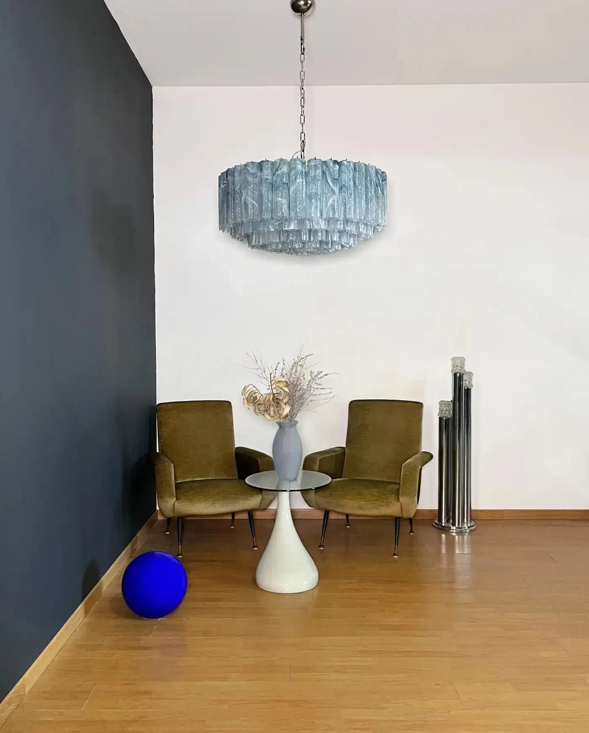 Large Murano glass Chandelier - 101 blue alabaster glass tube - casivra
