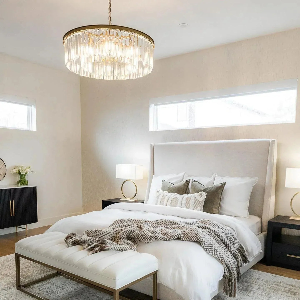 Langley Crystal Round Chandelier styled in a modern dining room