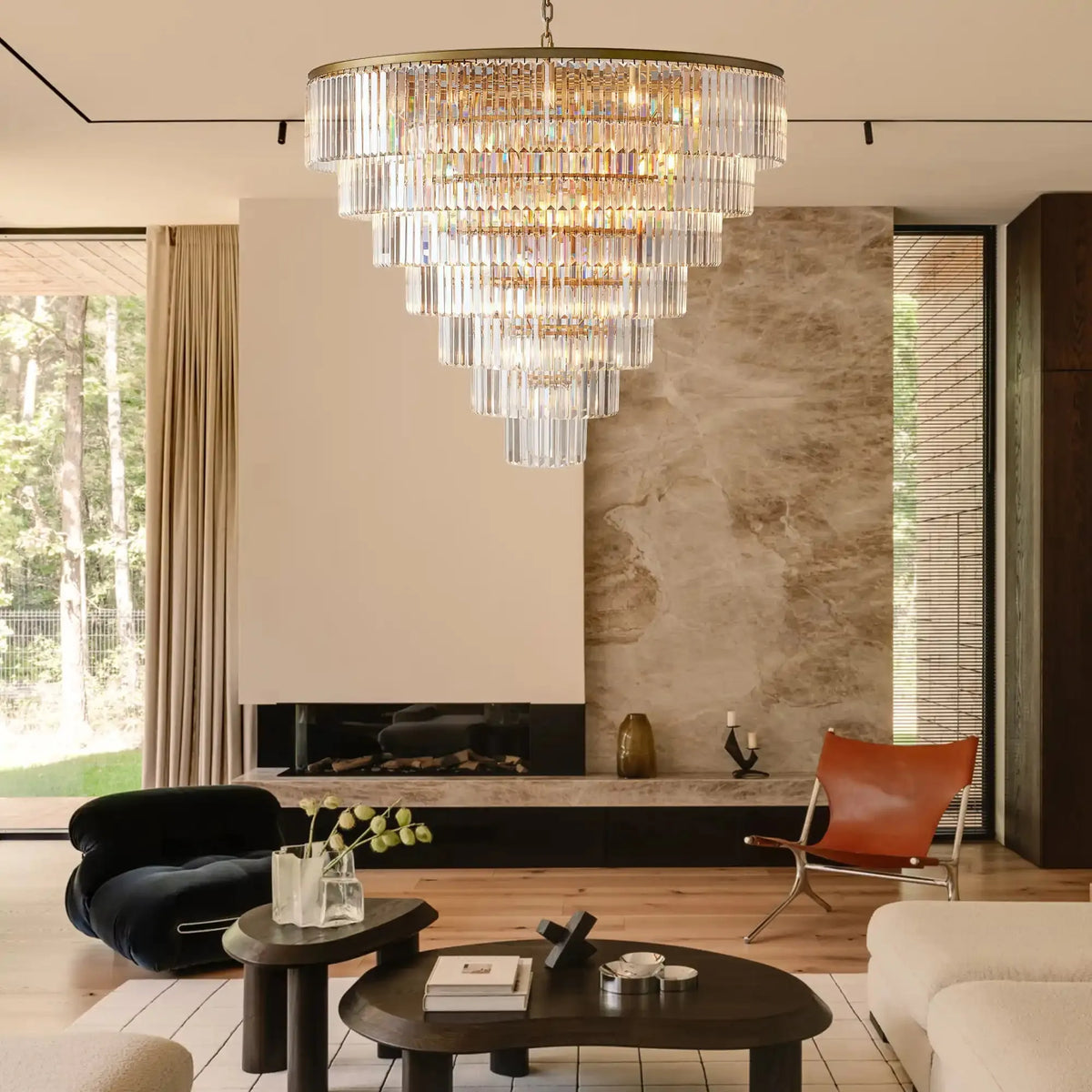 Langley Tiered Round Chandelier styled in a modern foyer