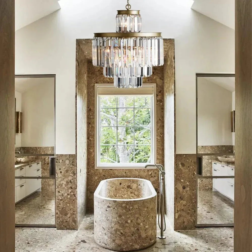 Langley Tiered Round Chandelier Lighting styled in a modern dining room