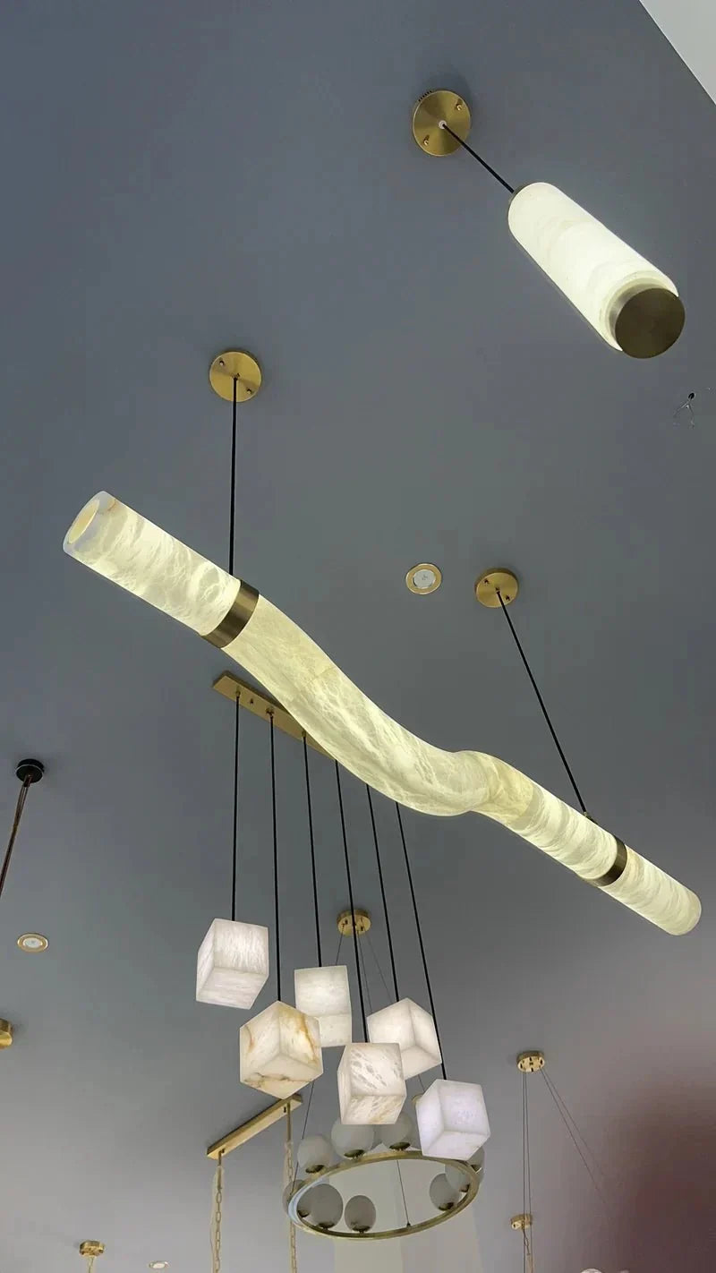 Liberty Curved Pendant Alabaster Chandelier, Pendant Light Over Dining Table - Style ABrasscasivra