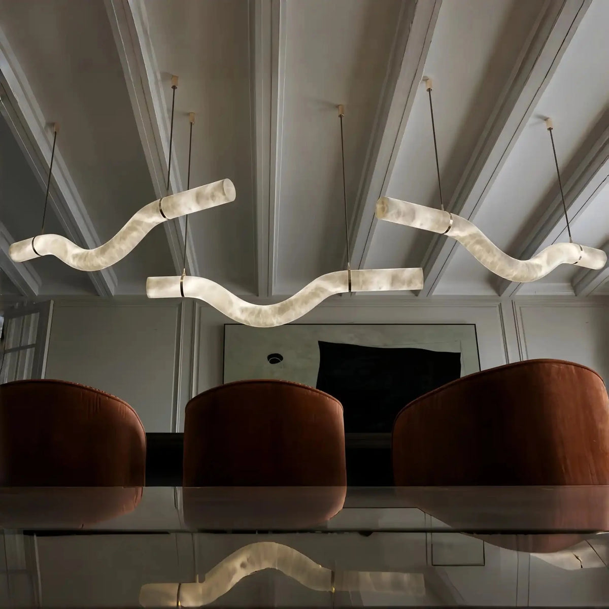 Liberty Curved Pendant Alabaster Chandelier, Pendant Light Over Dining Table - Style B 60.5"W * 4.75"D * 12.5"HBrasscasivra