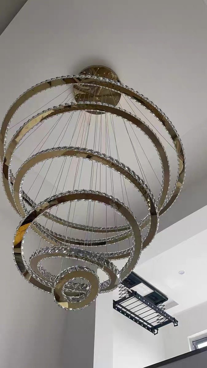 Light Luxury 5/6/7 Rings Crystal Chandelier for Staircase/Foyer/Villa - 2 Rings:Dia(11.8"+19.7")Goldcasivra