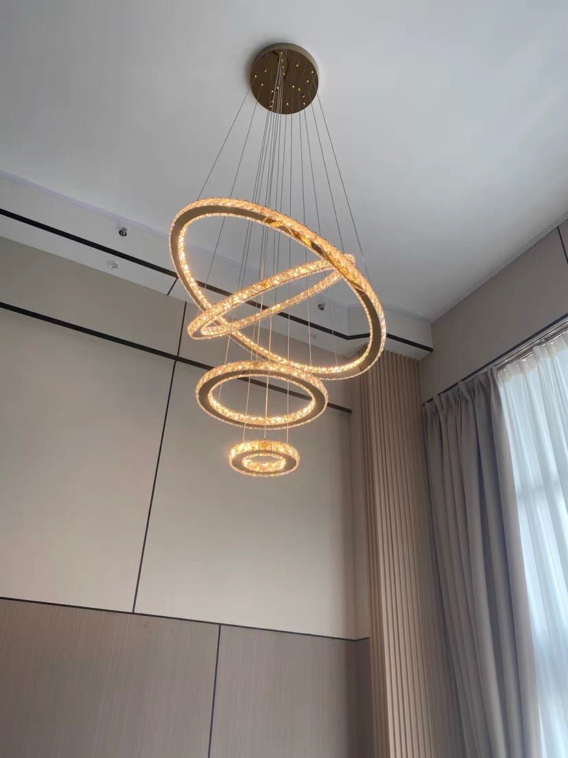 Light Luxury 5/6/7 Rings Crystal Chandelier for Staircase/Foyer/Villa - 2 Rings:Dia(11.8"+19.7")Goldcasivra