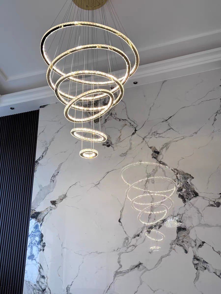 Light Luxury 5/6/7 Rings Crystal Chandelier for Staircase/Foyer/Villa - 2 Rings:Dia(11.8"+19.7")Goldcasivra