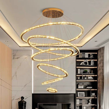Light Luxury 5/6/7 Rings Crystal Chandelier for Staircase/Foyer/Villa - 2 Rings:Dia(11.8"+19.7")Goldcasivra