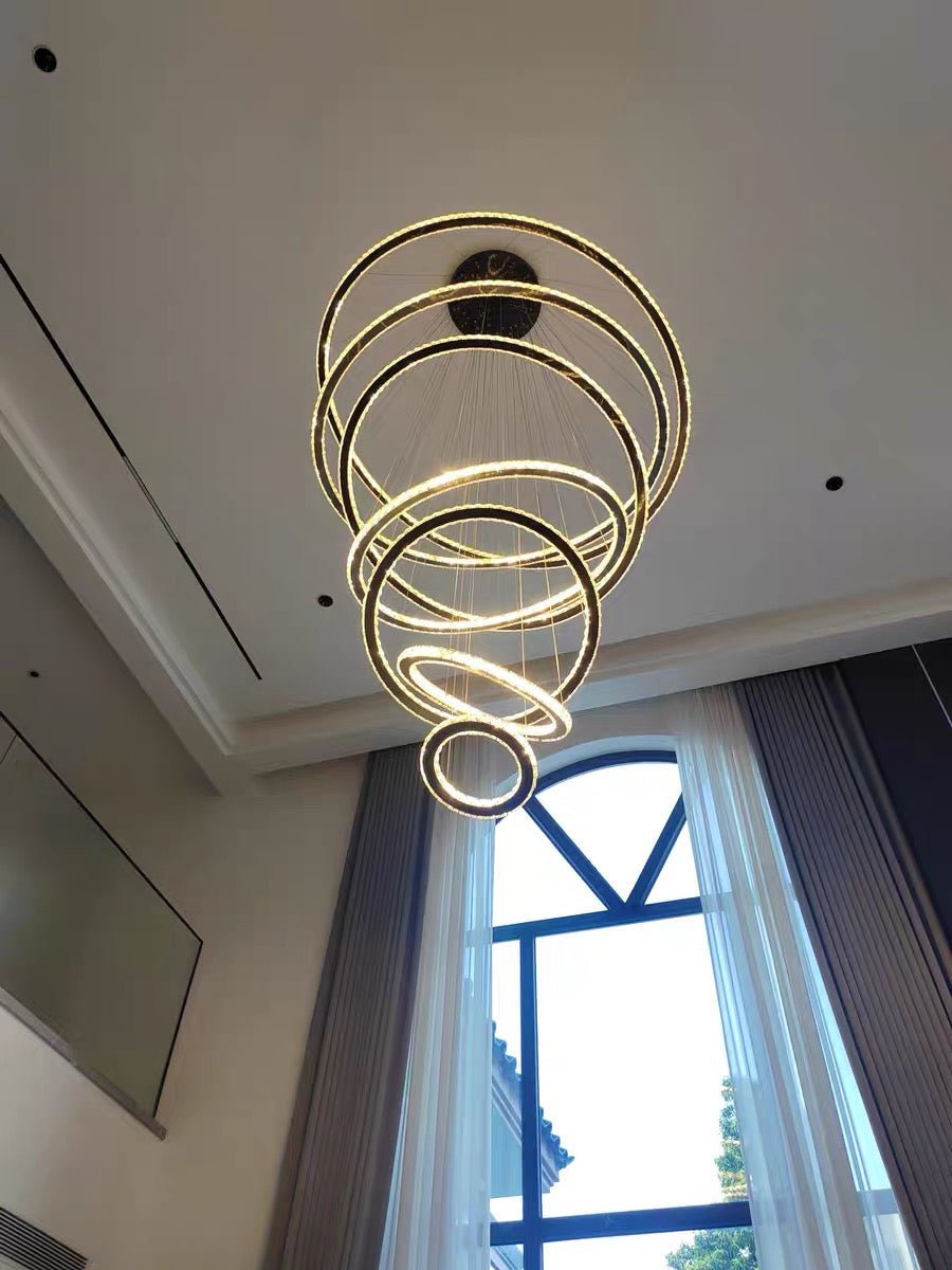 Light Luxury 5/6/7 Rings Crystal Chandelier for Staircase/Foyer/Villa - 2 Rings:Dia(11.8"+19.7")Goldcasivra