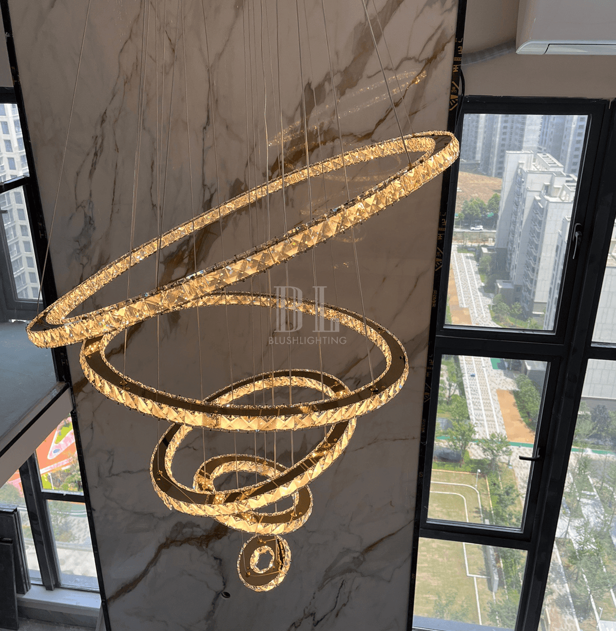 Light Luxury 5/6/7 Rings Crystal Chandelier for Staircase/Foyer/Villa - 2 Rings:Dia(11.8"+19.7")Goldcasivra
