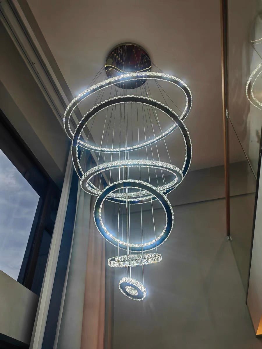 Light Luxury 5/6/7 Rings Crystal Chandelier for Staircase/Foyer/Villa - 2 Rings:Dia(11.8"+19.7")Goldcasivra