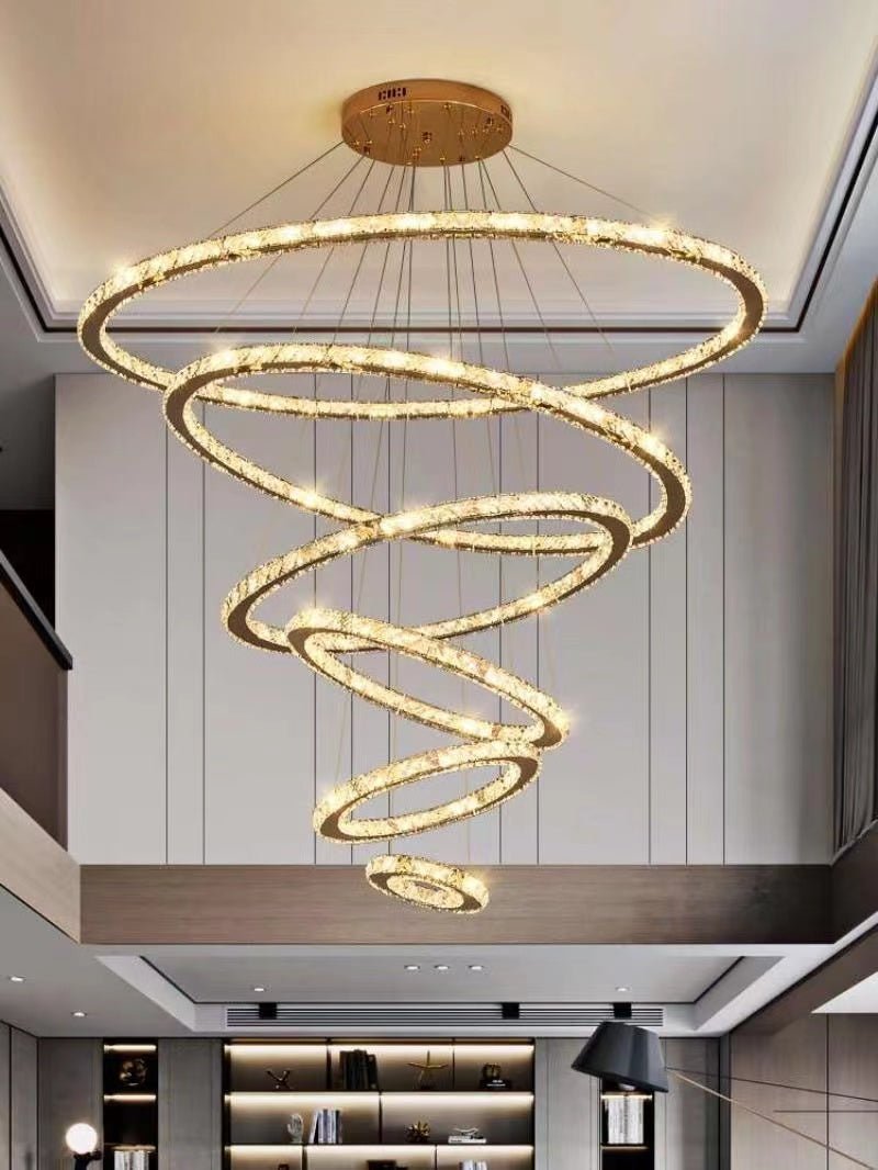 Light Luxury 5/6/7 Rings Crystal Chandelier for Staircase/Foyer/Villa - 2 Rings:Dia(11.8"+19.7")Goldcasivra