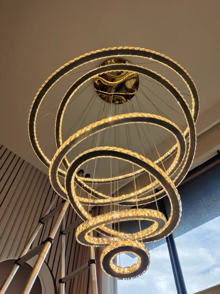 Light Luxury 5/6/7 Rings Crystal Chandelier for Staircase/Foyer/Villa - 2 Rings:Dia(11.8"+19.7")Goldcasivra