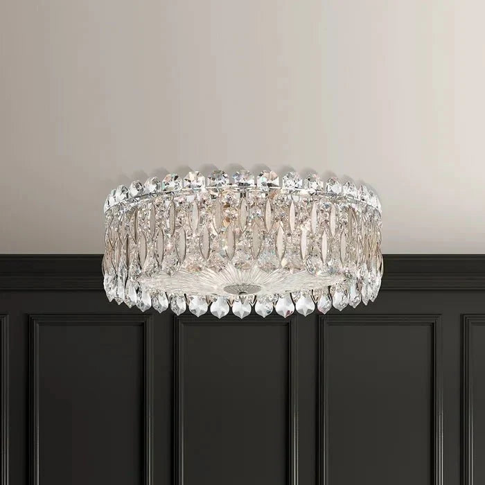 Light Luxury Crystal Beads Drum Collection Flush Mounted/Rectangle/Round Chandelier - Flush Mount/Round/3 Lights/D15.5"*H6.5"/6kgChrome Finish+Stainless Steel Leavescasivra