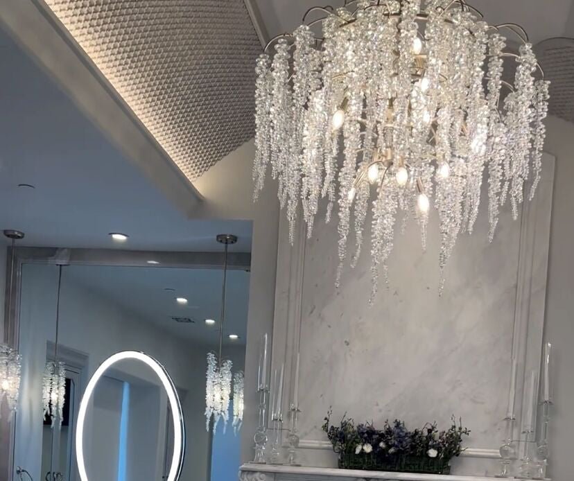 Light Luxury Silver Flower Branch Chandelier with Icicle Details for Bedroom Dining Room and Hallway - 9 Lights/D 23.6"*H 27.8"Warm Lightcasivra