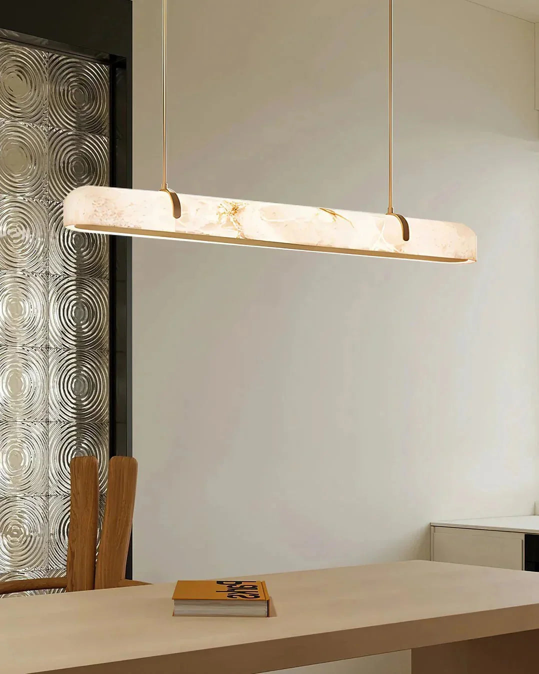 Linear Alabaster Chandelier, Kitchen Island Pendant Light - L 60cm x W 9cm x H 9cm / L 23.6″ x W 3.5″ x H 3.5″Brass & WhiteWarm Lightcasivra