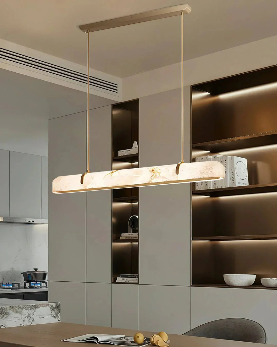 Linear Alabaster Chandelier, Kitchen Island Pendant Light - L 60cm x W 9cm x H 9cm / L 23.6″ x W 3.5″ x H 3.5″Brass & WhiteWarm Lightcasivra