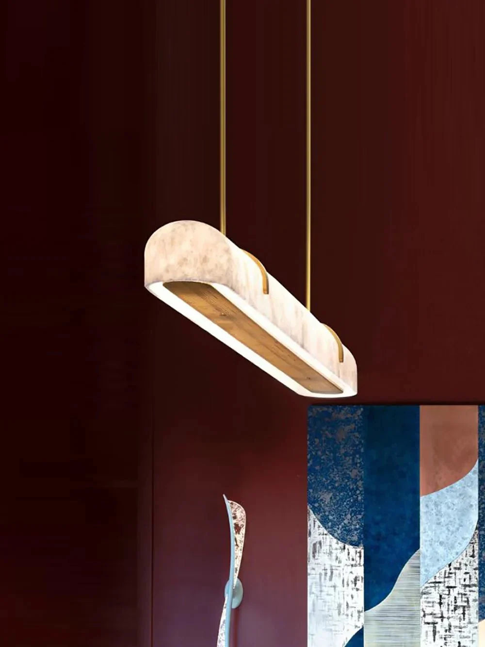 Linear Alabaster Chandelier, Kitchen Island Pendant Light - L 60cm x W 9cm x H 9cm / L 23.6″ x W 3.5″ x H 3.5″Brass & WhiteWarm Lightcasivra