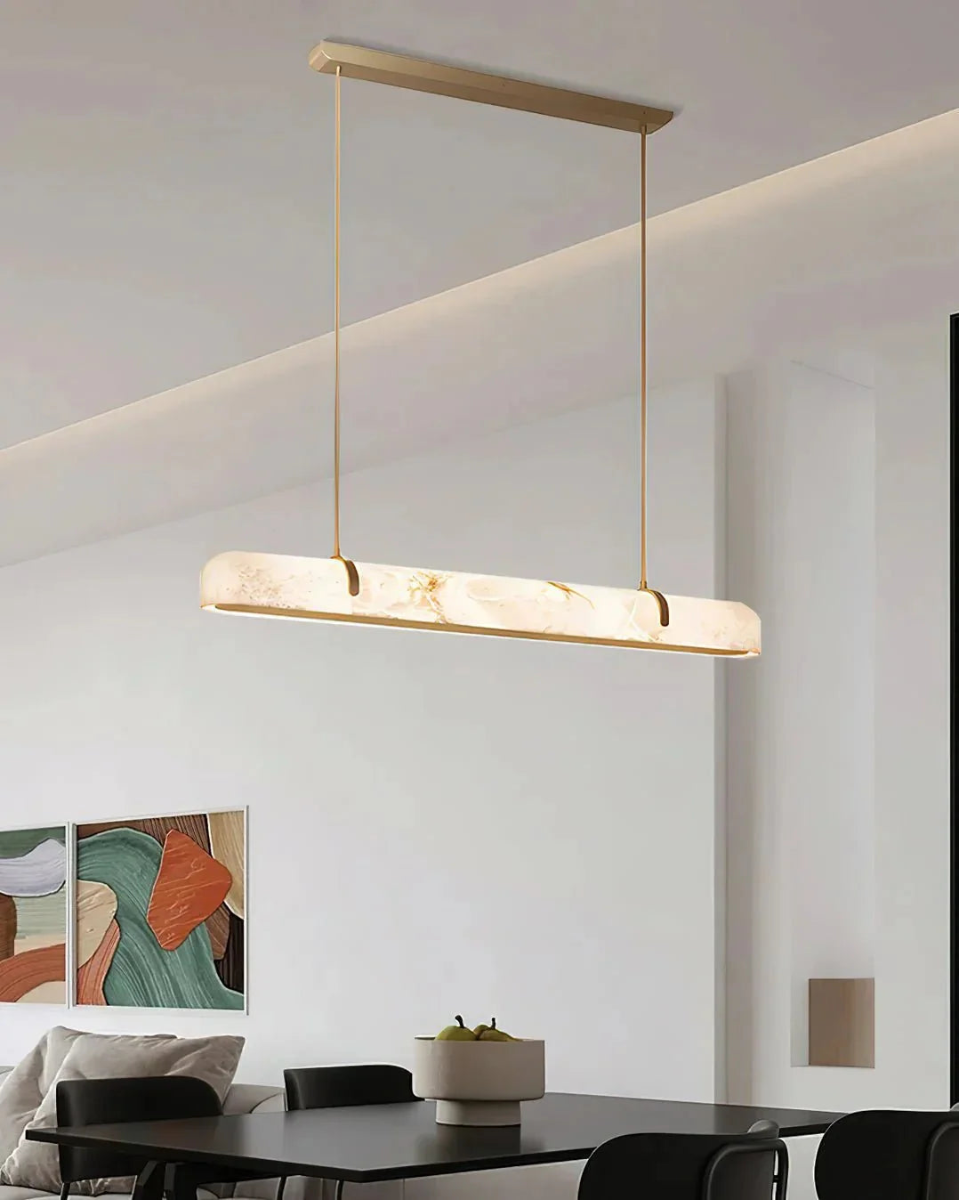 Linear Alabaster Chandelier, Kitchen Island Pendant Light - L 60cm x W 9cm x H 9cm / L 23.6″ x W 3.5″ x H 3.5″Brass & WhiteWarm Lightcasivra