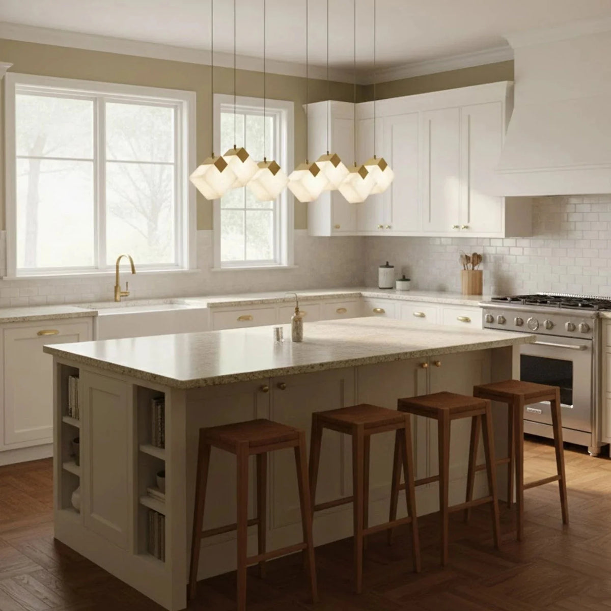 Linear Alabaster Cube Chandelier 6-Light Brass Island Pendant Light - 10-Lights ∅ 47.2" x H 3.9"Gold & Whitecasivra