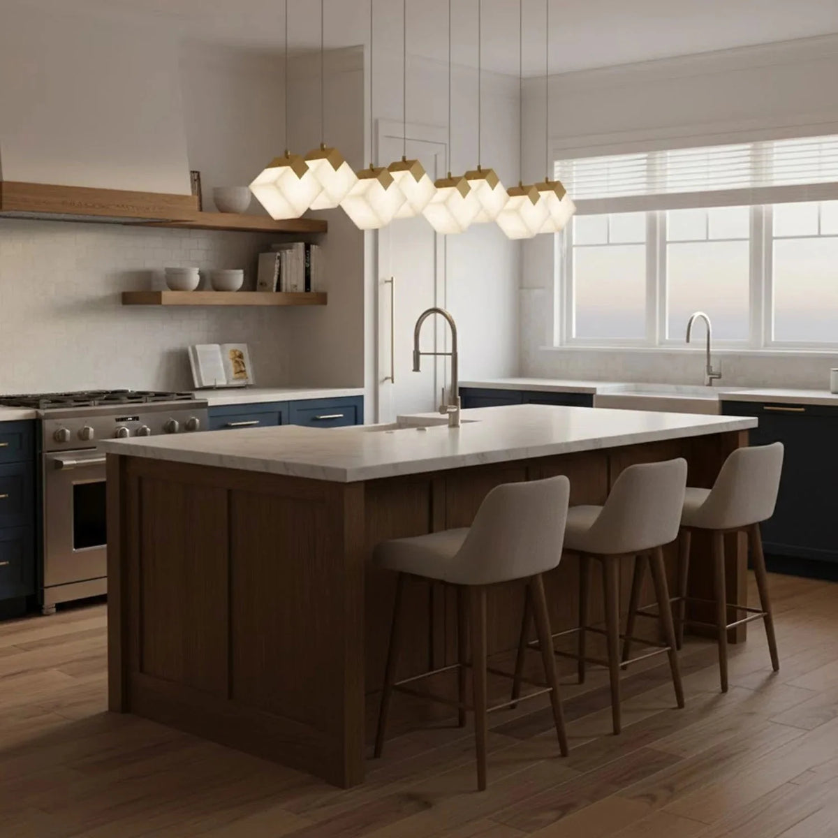 Linear Alabaster Cube Chandelier 6-Light Brass Island Pendant Light - 10-Lights ∅ 47.2" x H 3.9"Gold & Whitecasivra