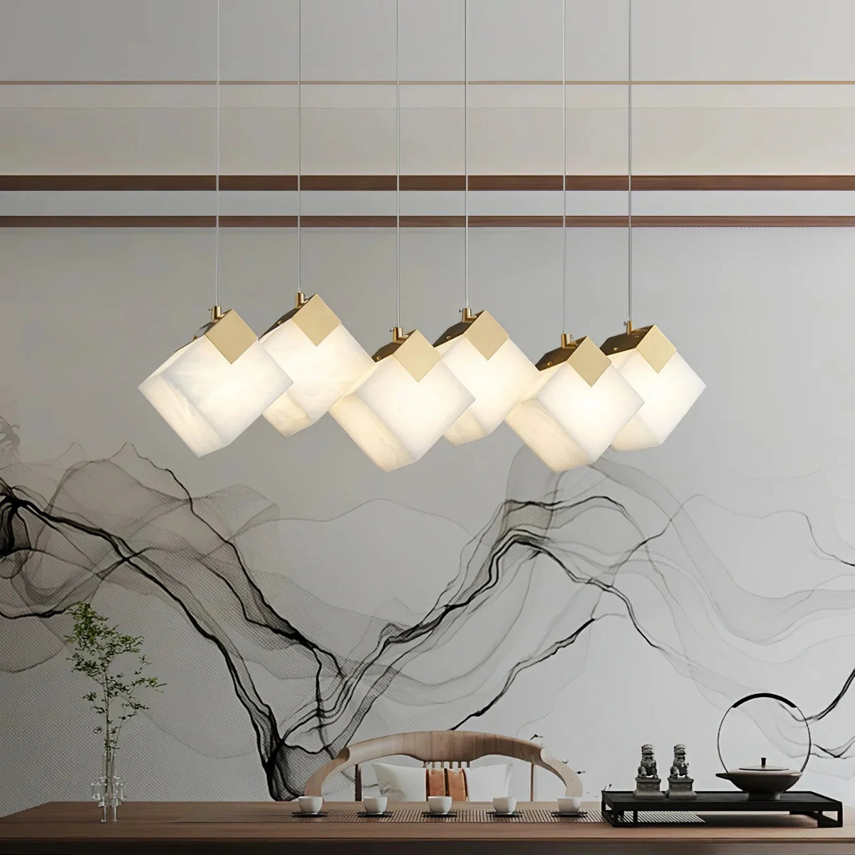 Linear Alabaster Cube Chandelier 6-Light Brass Island Pendant Light - 10-Lights ∅ 47.2" x H 3.9"Gold & Whitecasivra