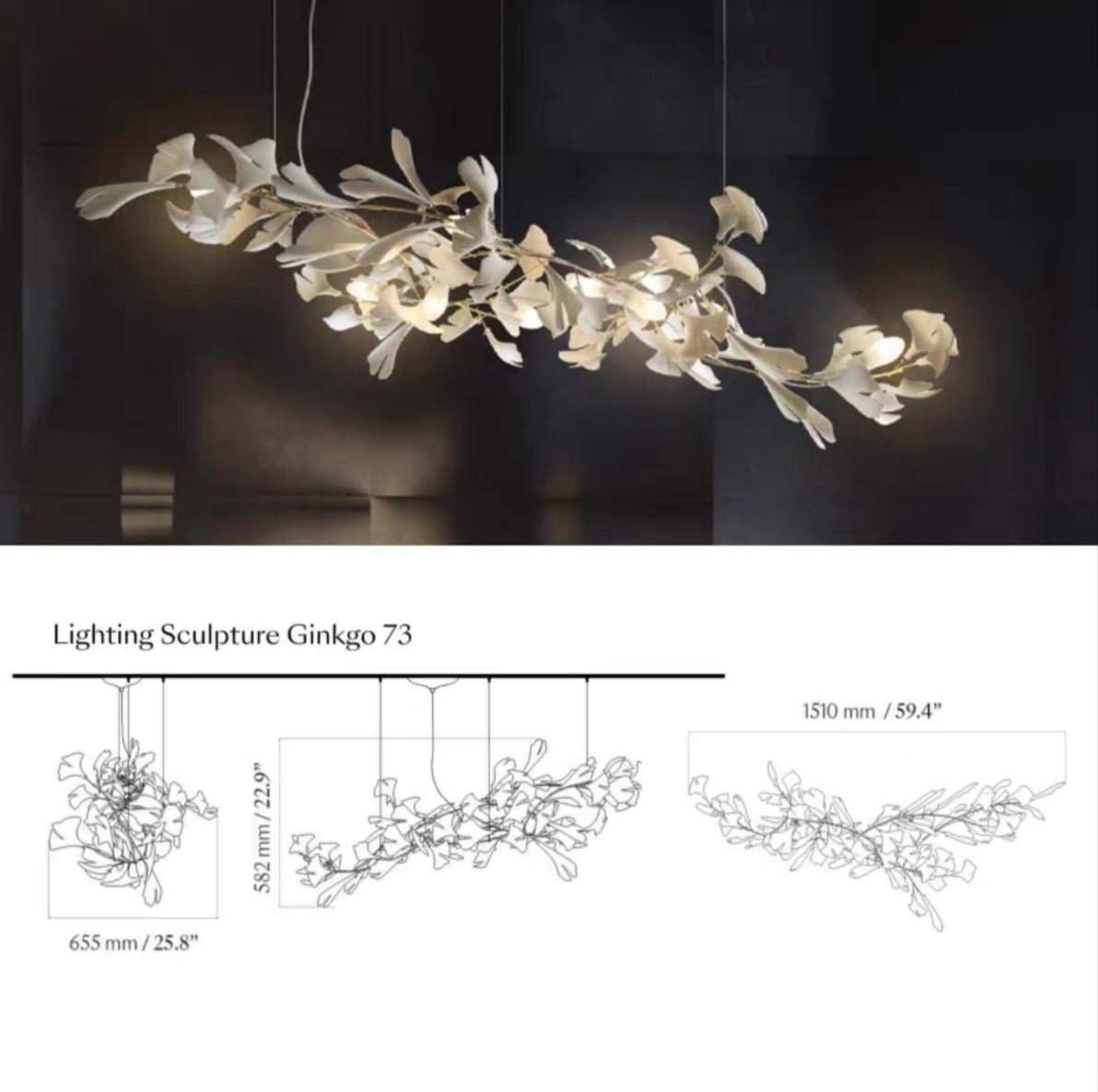 Linear Ginkgo Ceramic Chandelier for Dining Room/Kitchen Island-Chandeliers-casivra-Custom/73 Pieces/L59.4"*W25.8"*H58.2"-Gold-Warm Light-casivra