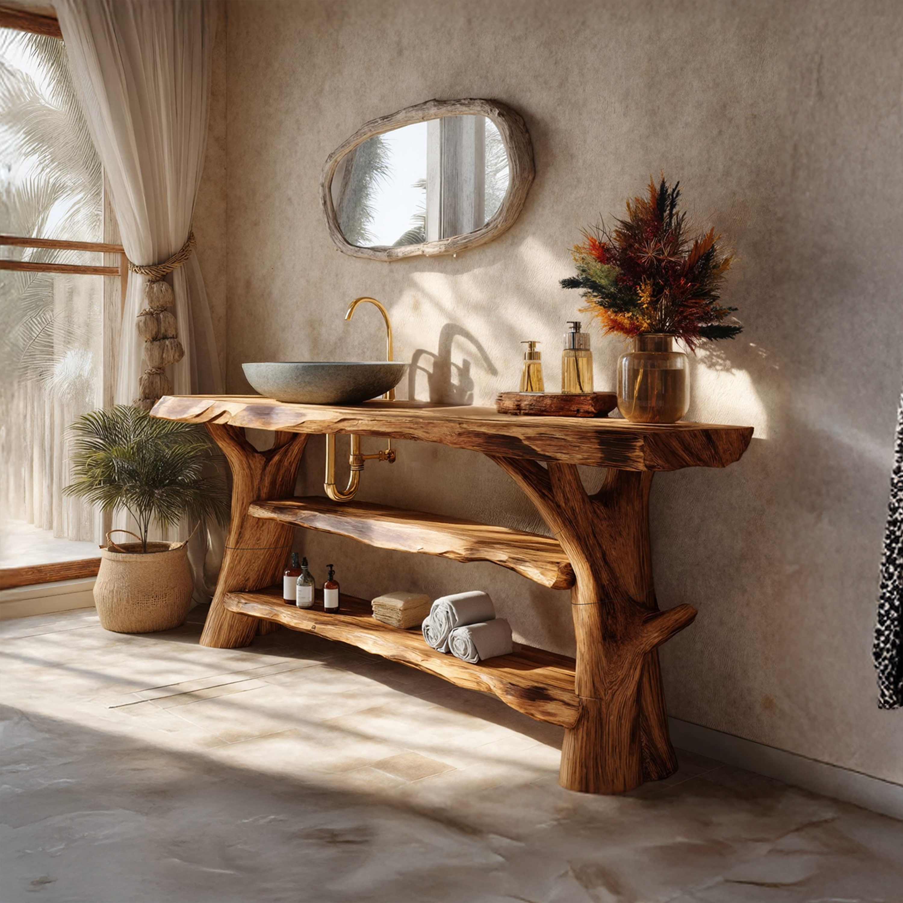 Mid Century Solid Wood Bathroom Vanity Sculptural Live Edge For Bath